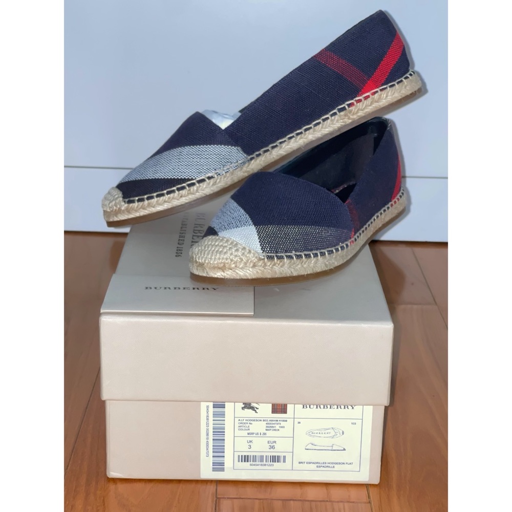 Burberry Navy Blue Hodgeson Check Canvas Flat Espadrille Size 36